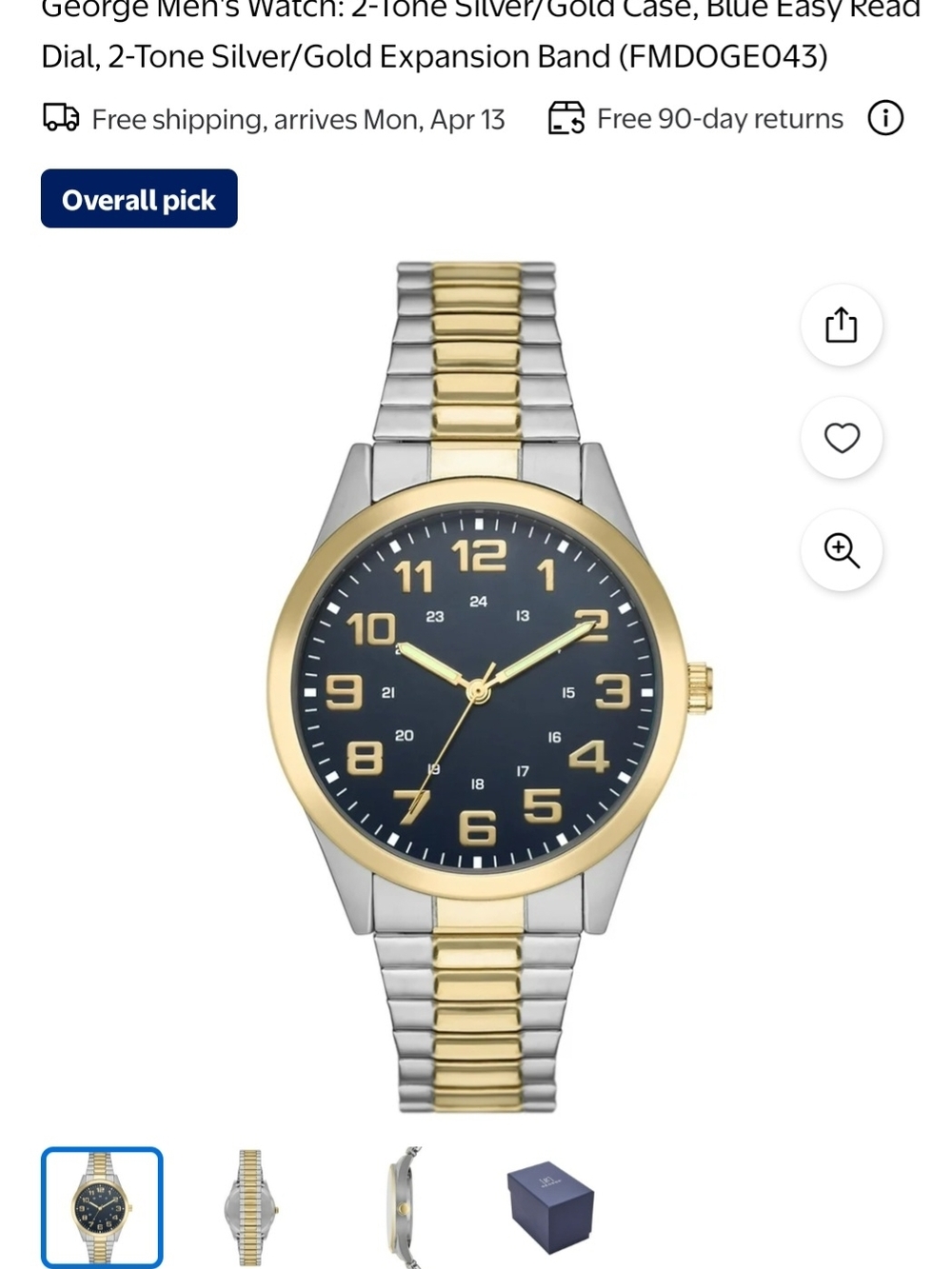 NIB - George Two-Tone Gold and Silver Watch with Black Or Deep Blue Dial